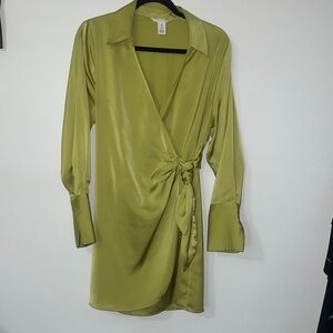 H&M Olive Satin Wrap Dress with Long Sleeves
